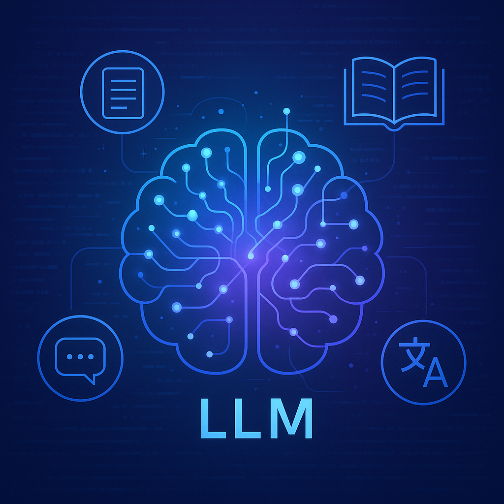 Ilustración de inteligencia artificial con un modelo de lenguaje procesando datos